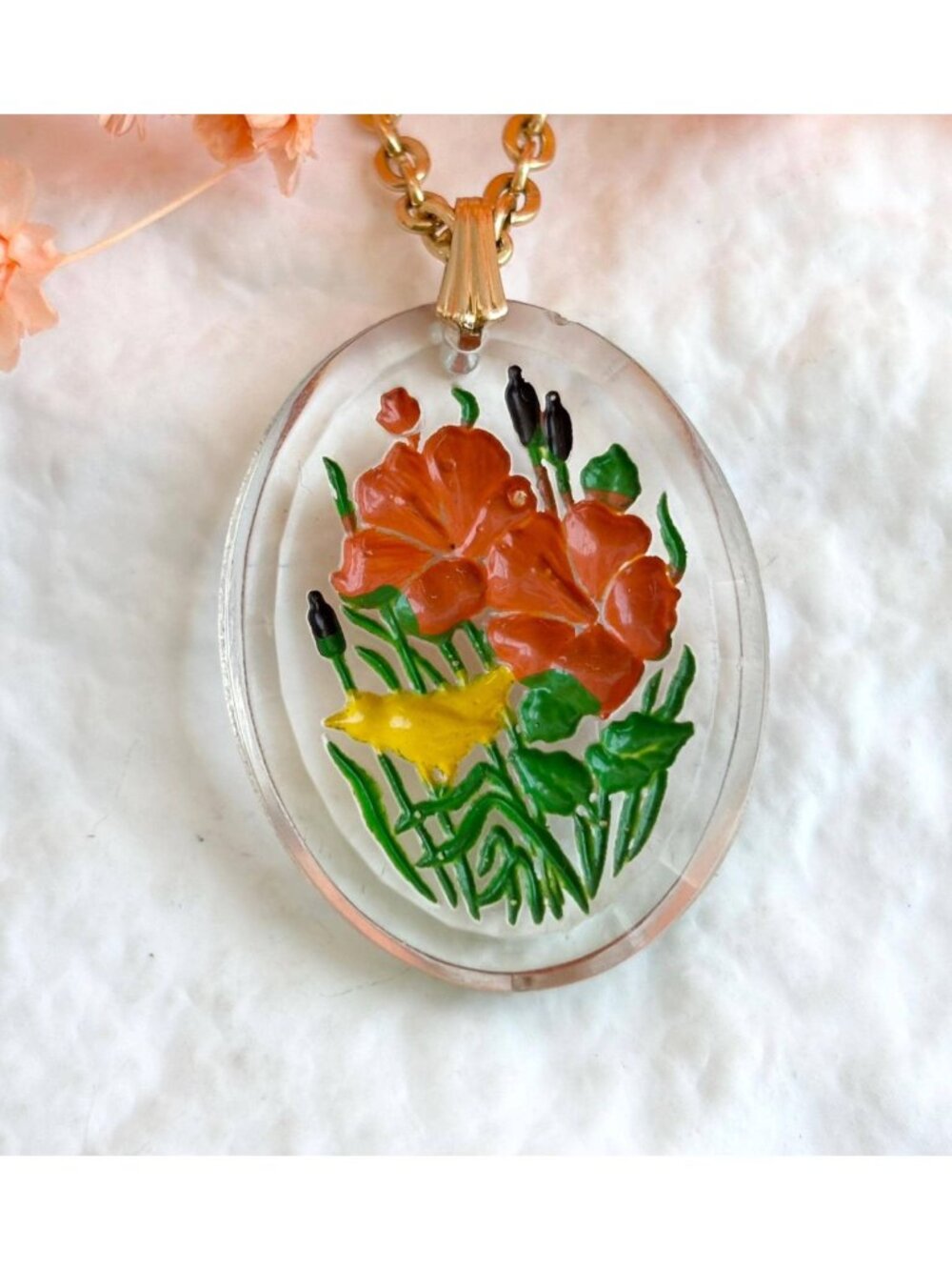 Avon Lucite Floral Hand Painted Cable Chain 80's Vintage Pendant Necklace - 24"